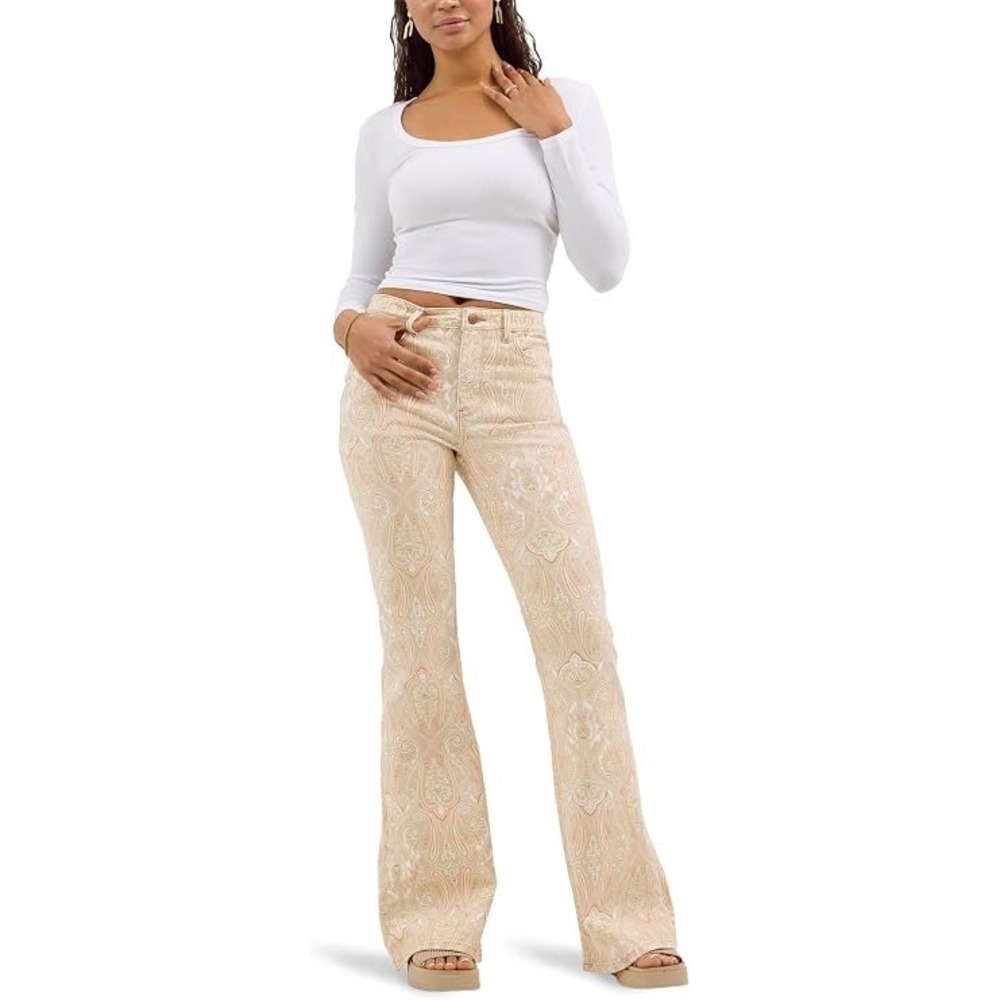 Wrangler Womens High Rise Fierce Flare Paisley Print Jeans Tan 10x32 NEW